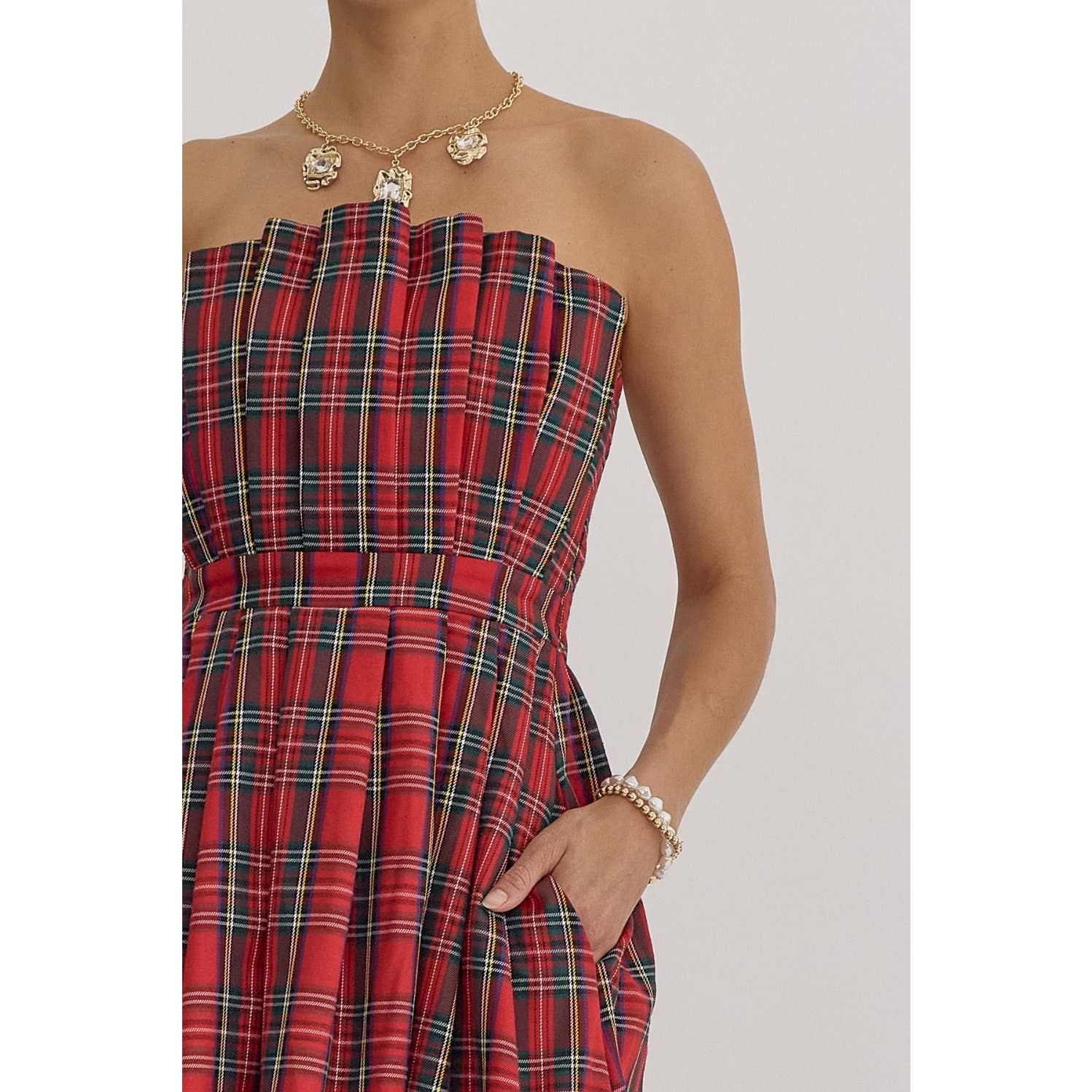 Plaid Strapless Midi Dress - BAY WINDOW
