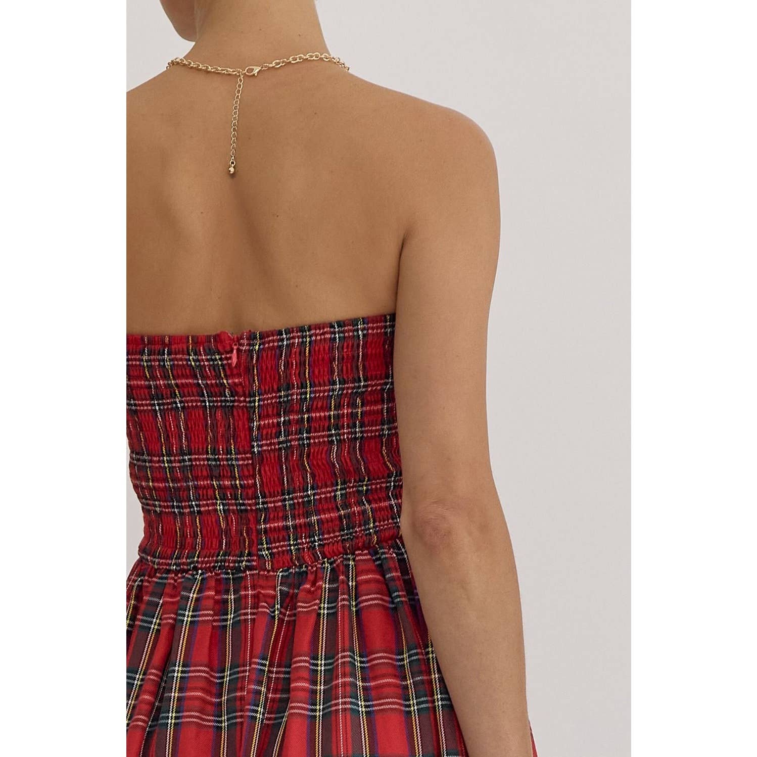 Plaid Strapless Midi Dress - BAY WINDOW