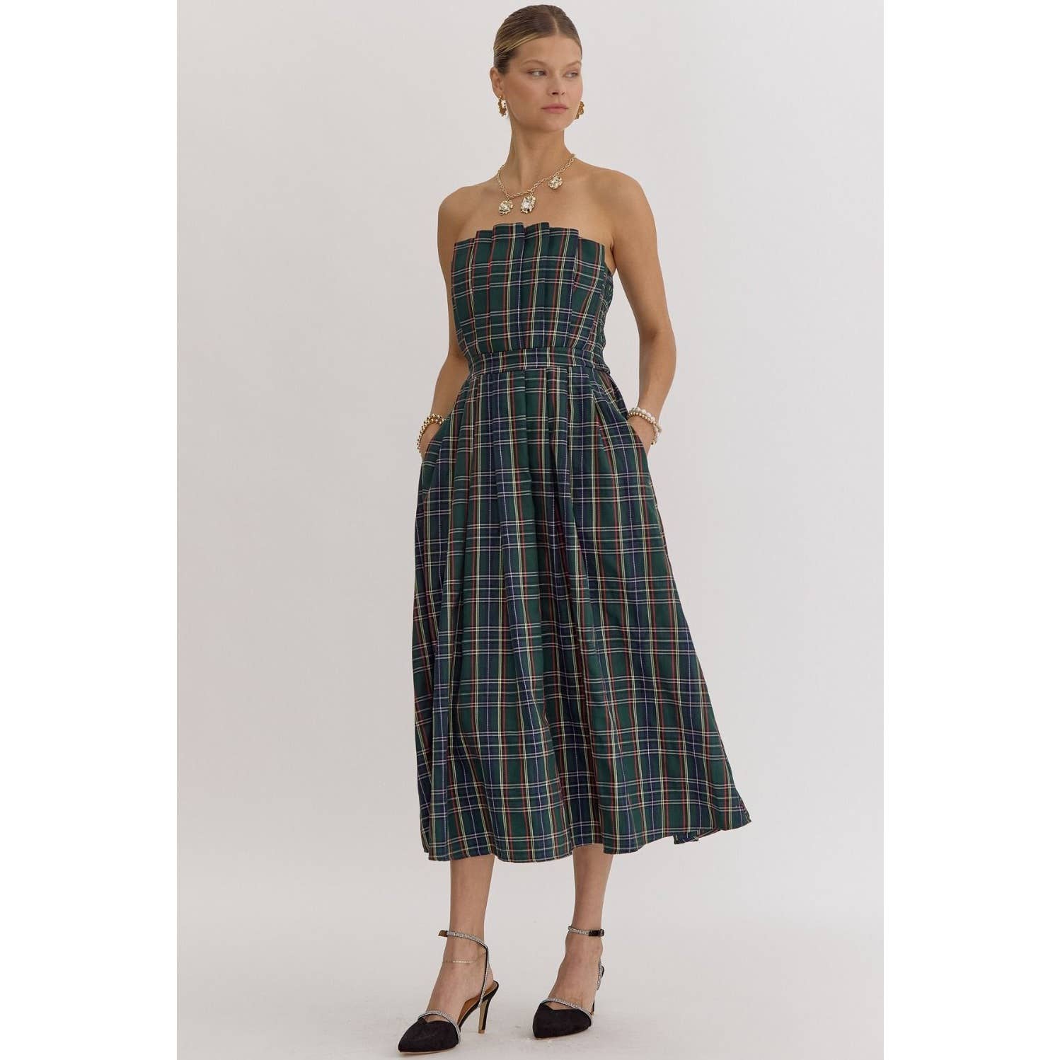 Plaid Strapless Midi Dress - BAY WINDOW
