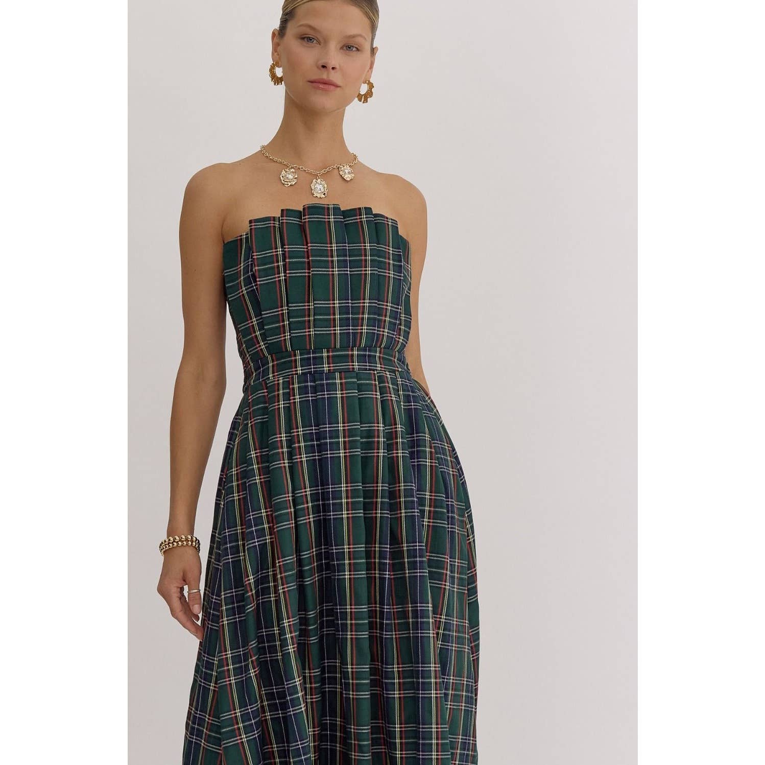Plaid Strapless Midi Dress - BAY WINDOW