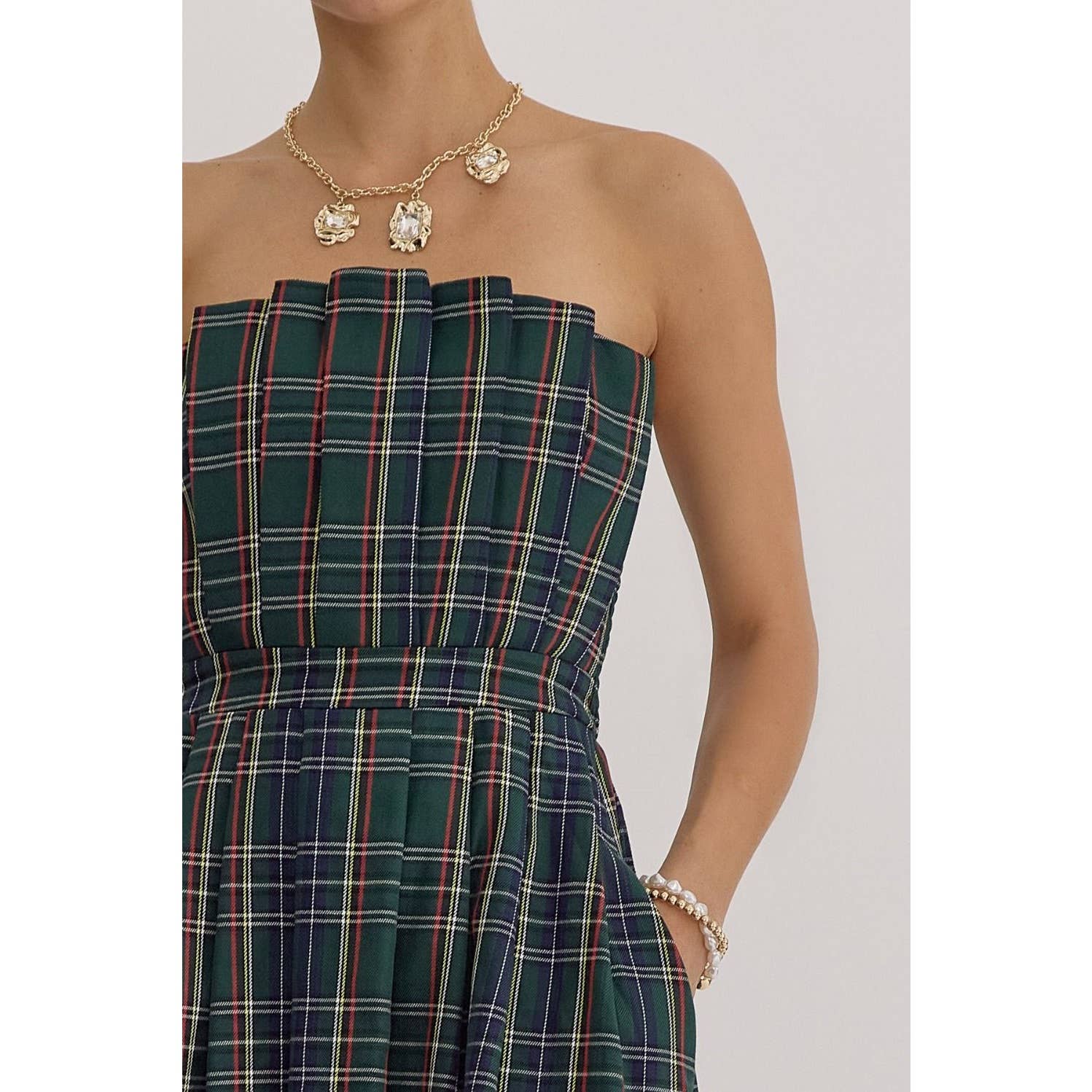 Plaid Strapless Midi Dress - BAY WINDOW