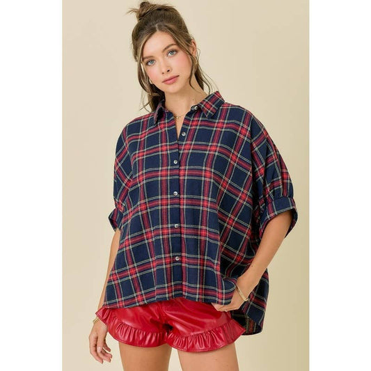 Plaid Oversize Button Down Shirt - BAY WINDOW