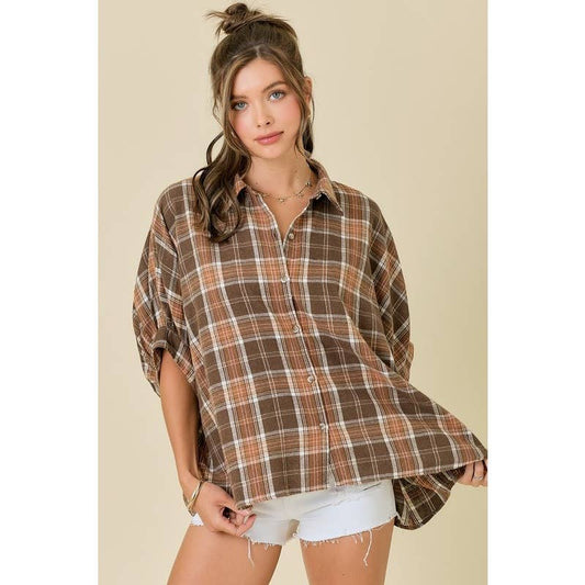 Plaid Oversize Button Down Shirt - BAY WINDOW