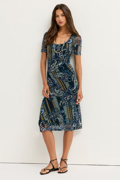 Scoop Neck Ruched Front Mesh Midi Dress