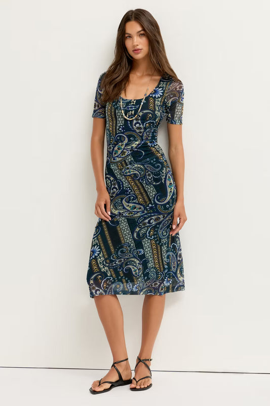 Scoop Neck Ruched Front Mesh Midi Dress