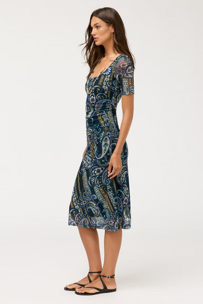 Scoop Neck Ruched Front Mesh Midi Dress