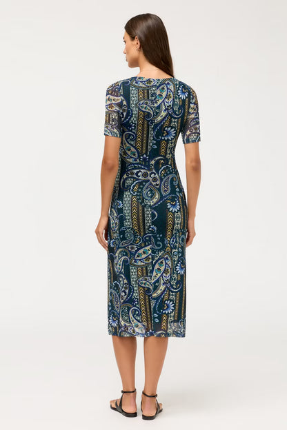 Scoop Neck Ruched Front Mesh Midi Dress