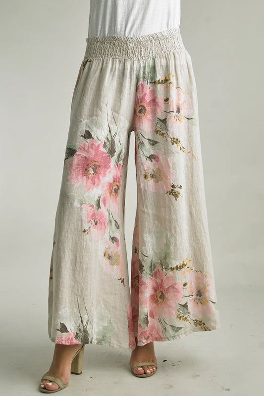 Printed Linen Palazzo - Beige - BAY WINDOW