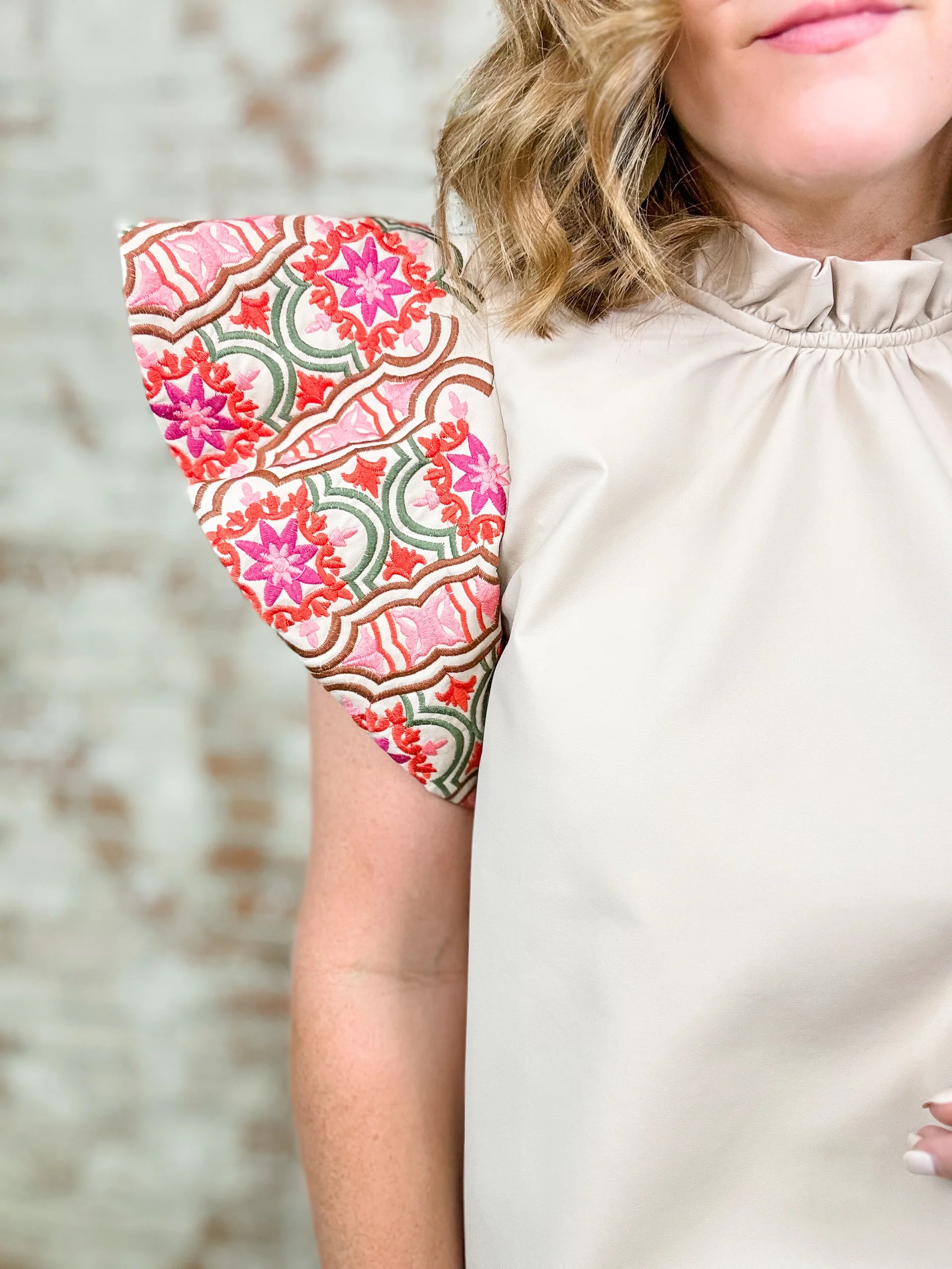 Embroidered Flutter Sleeve Leather Top - BAY WINDOW