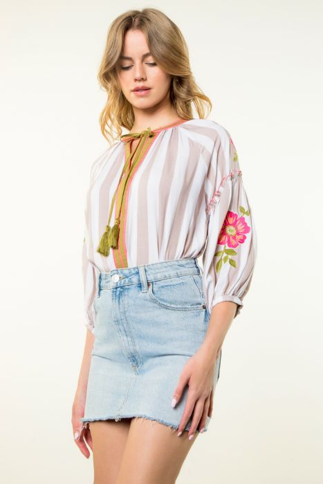 Embroidered Sleeve Striped Top - Beige - BAY WINDOW