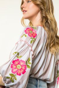 Embroidered Sleeve Striped Top - Beige - BAY WINDOW