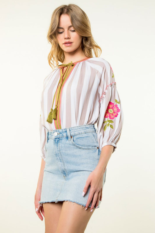 Embroidered Sleeve Striped Top - Beige - BAY WINDOW