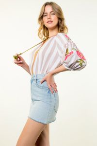Embroidered Sleeve Striped Top - Beige - BAY WINDOW