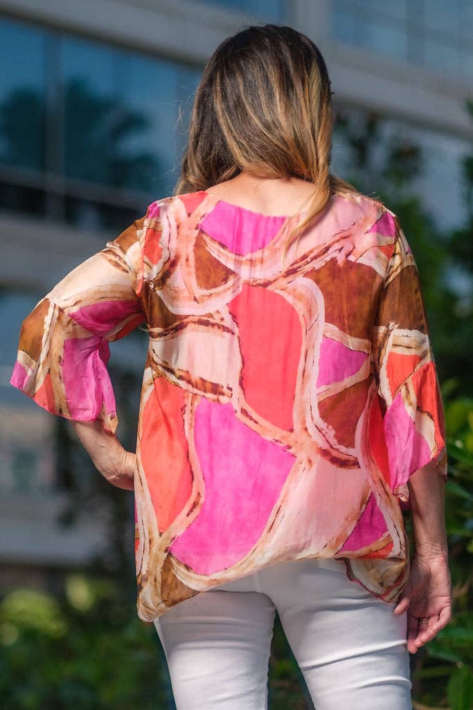 Martine Mosaic Flutter Sleeve Silk Blouse (BQ205M) - BAY WINDOW