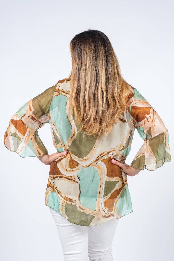 Martine Mosaic Flutter Sleeve Silk Blouse (BQ205M) - BAY WINDOW