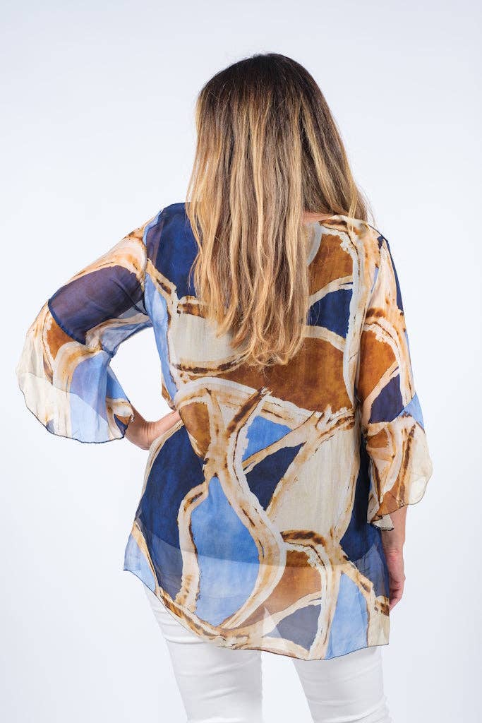 Martine Mosaic Flutter Sleeve Silk Blouse (BQ205M) - BAY WINDOW