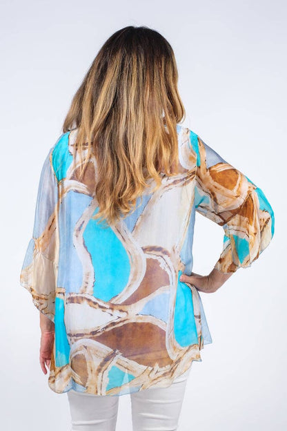 Martine Mosaic Flutter Sleeve Silk Blouse (BQ205M) - BAY WINDOW