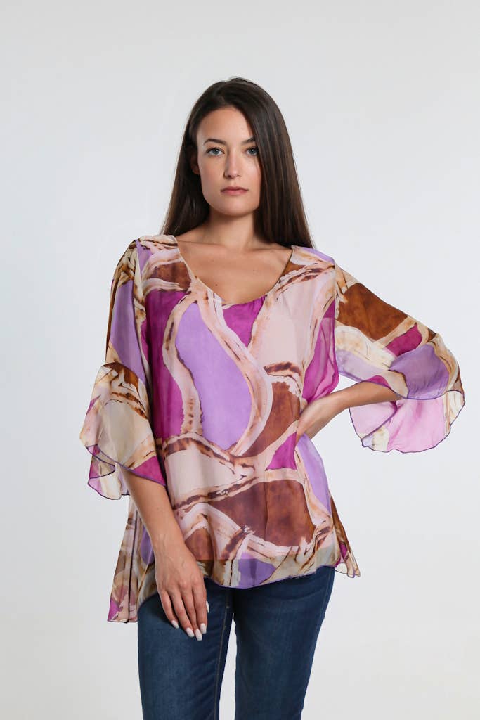 Martine Mosaic Flutter Sleeve Silk Blouse (BQ205M) - BAY WINDOW