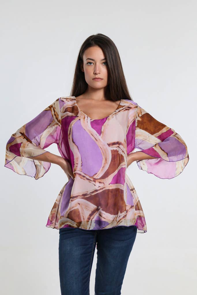 Martine Mosaic Flutter Sleeve Silk Blouse (BQ205M) - BAY WINDOW