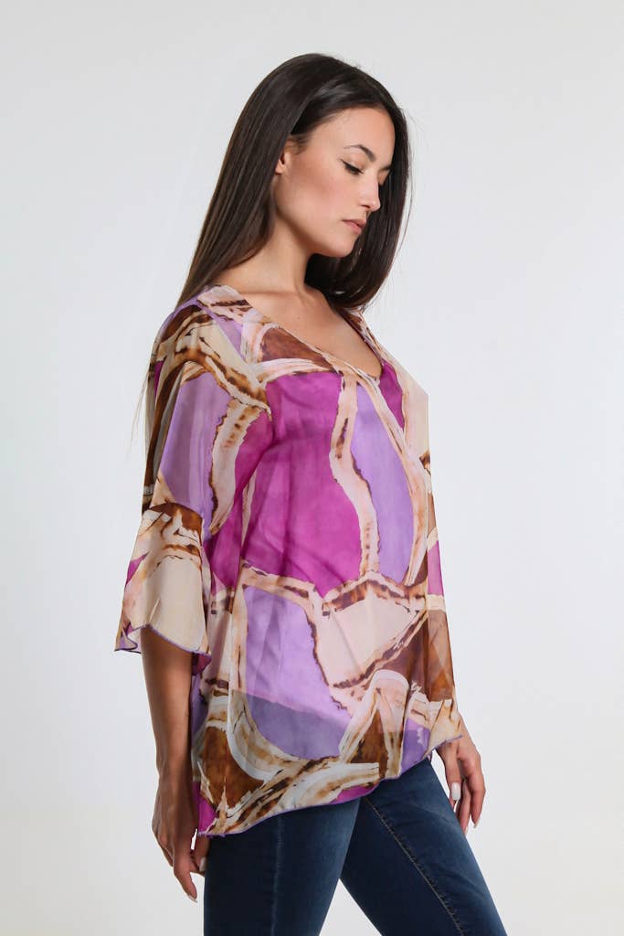 Martine Mosaic Flutter Sleeve Silk Blouse (BQ205M) - BAY WINDOW