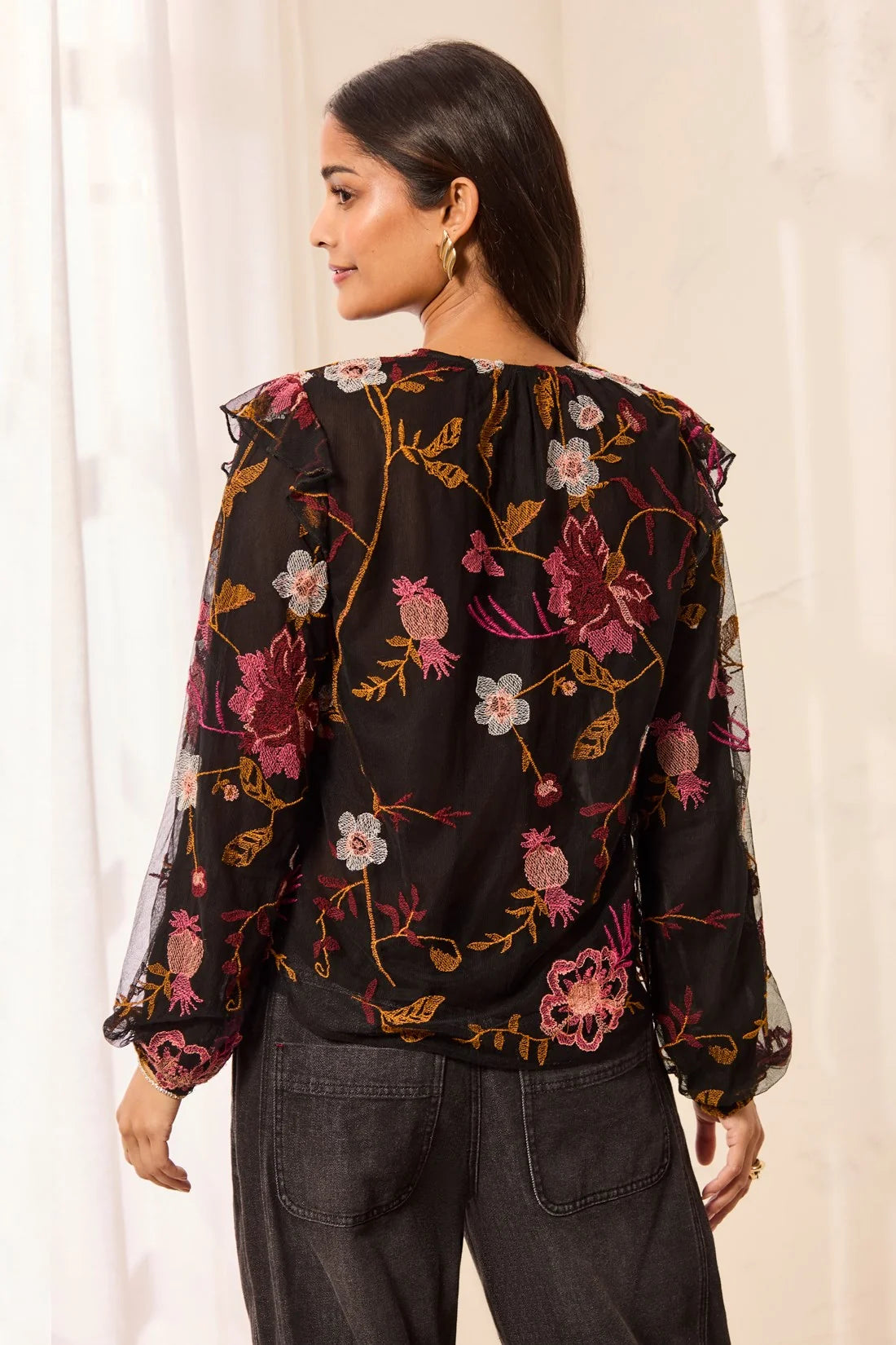 FLORAL EMBROIDERED V-NECK BLOUSE WITH FRILLS