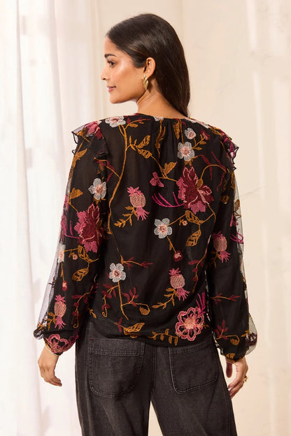FLORAL EMBROIDERED V-NECK BLOUSE WITH FRILLS