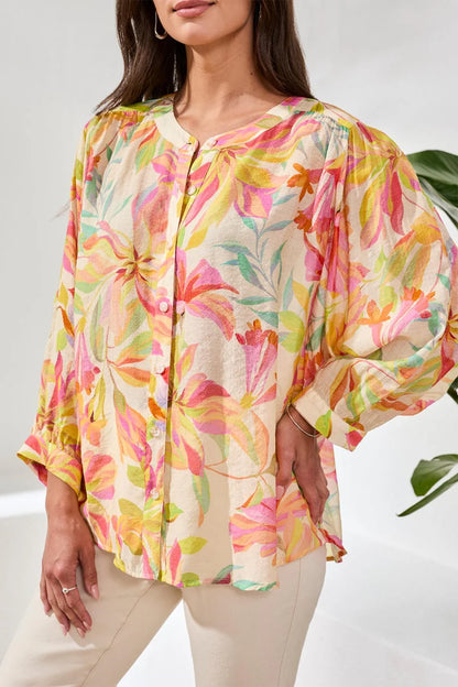 Flowy Dolman Sleeve Blouse w/ Self-Covering Buttons - Rosesilk