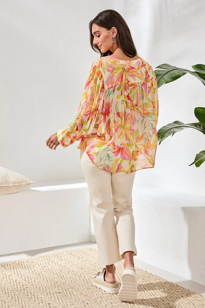 Flowy Dolman Sleeve Blouse w/ Self-Covering Buttons - Rosesilk