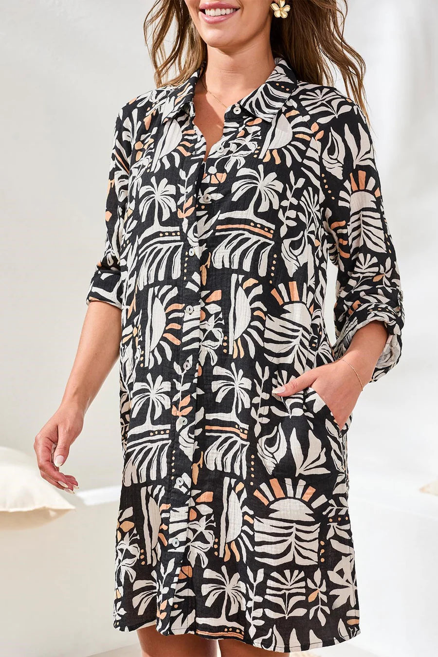 Rolled L/S Button Front Shirt Dress - Beach