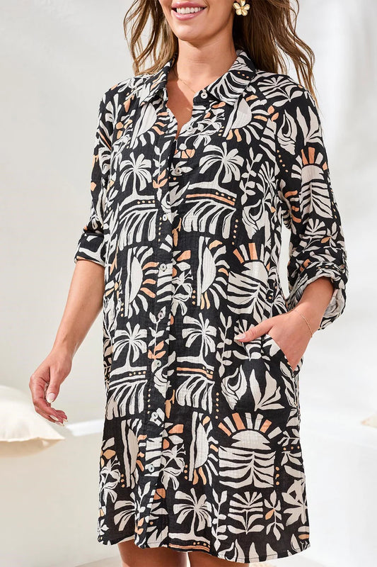 Rolled L/S Button Front Shirt Dress - Beach
