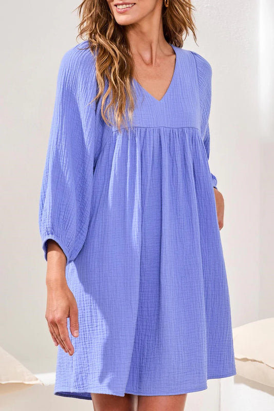 Puff Sleeve Dress w/ Pockets - Baja Blue
