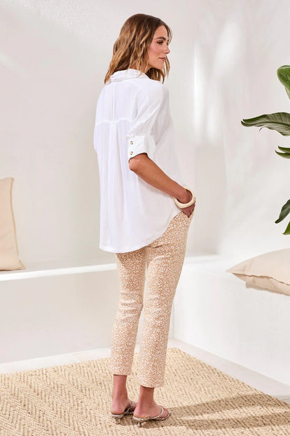 Elbow Sleeve Button Front Blouse - White