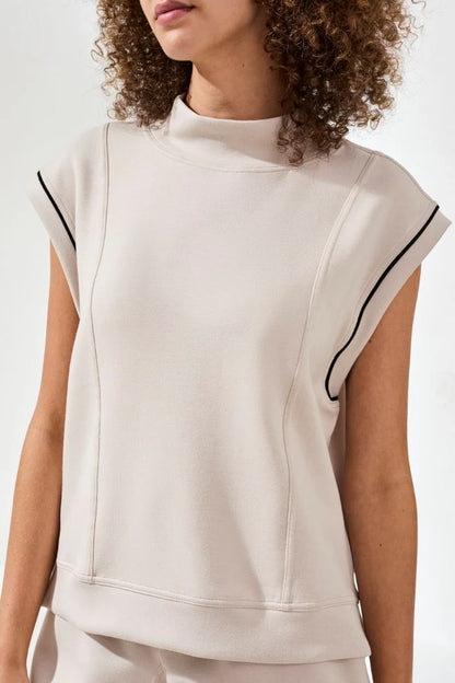 Techno Lux Mock Neck Top w/ Contrast Piping - Sand Dune