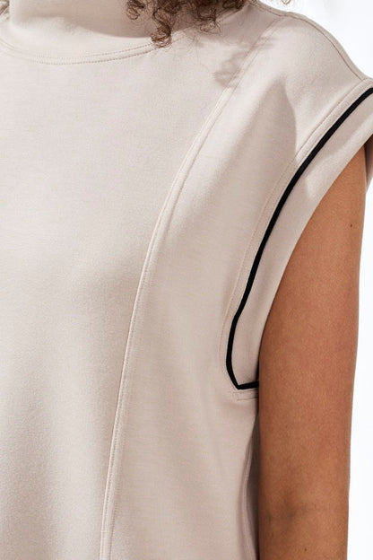 Techno Lux Mock Neck Top w/ Contrast Piping - Sand Dune