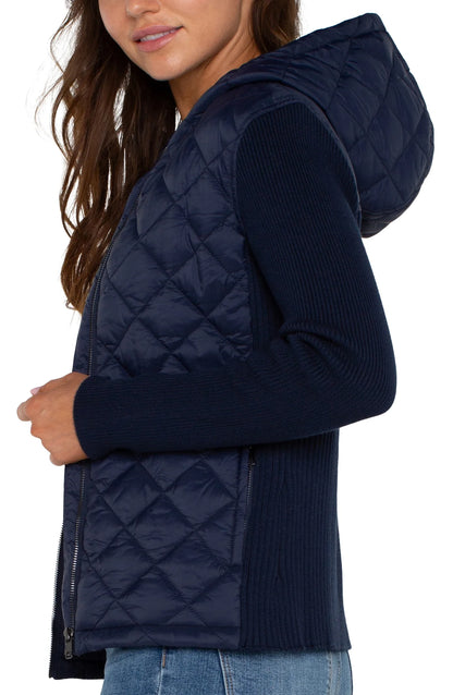 LS Quilted Front Full Zipper Hooded Sweater