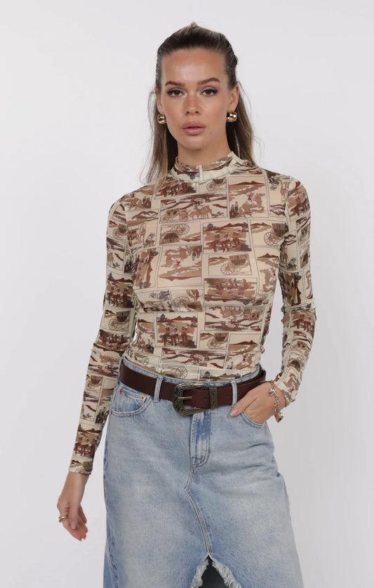 Giddy Up Mock Neck Long Sleeve Mesh Top - Brown