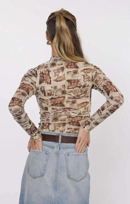 Giddy Up Mock Neck Long Sleeve Mesh Top - Brown