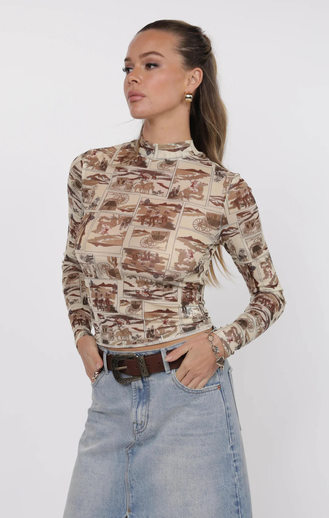 Giddy Up Mock Neck Long Sleeve Mesh Top - Brown