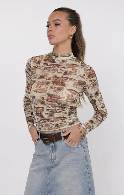 Giddy Up Mock Neck Long Sleeve Mesh Top - Brown