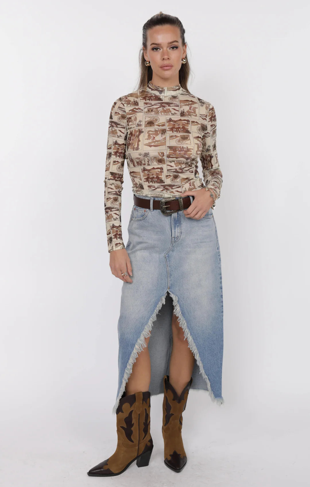 Giddy Up Mock Neck Long Sleeve Mesh Top - Brown