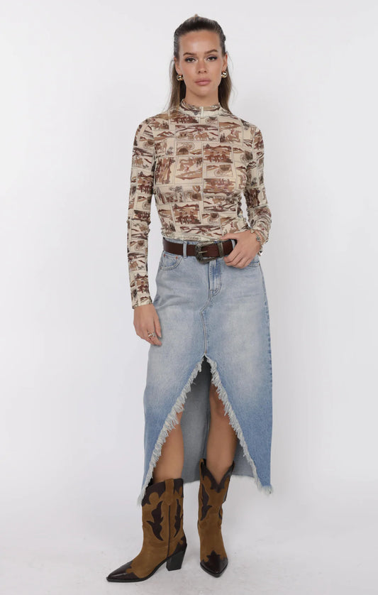 Giddy Up Mock Neck Long Sleeve Mesh Top - Brown