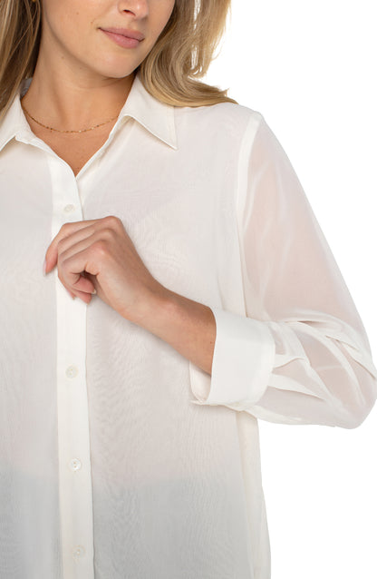 Long Sleeve Woven Shirt w/ Pleat Back Detail