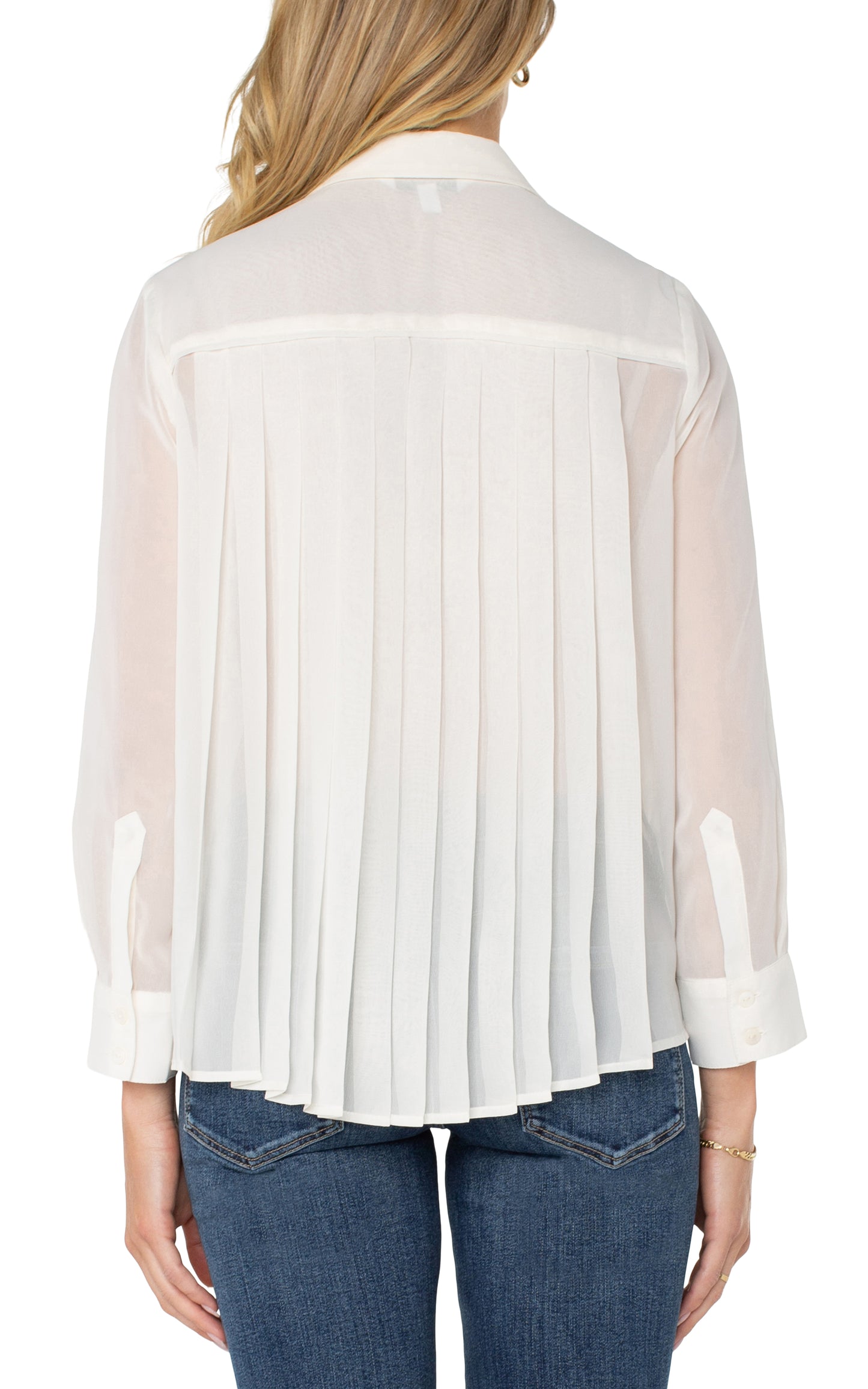 Long Sleeve Woven Shirt w/ Pleat Back Detail