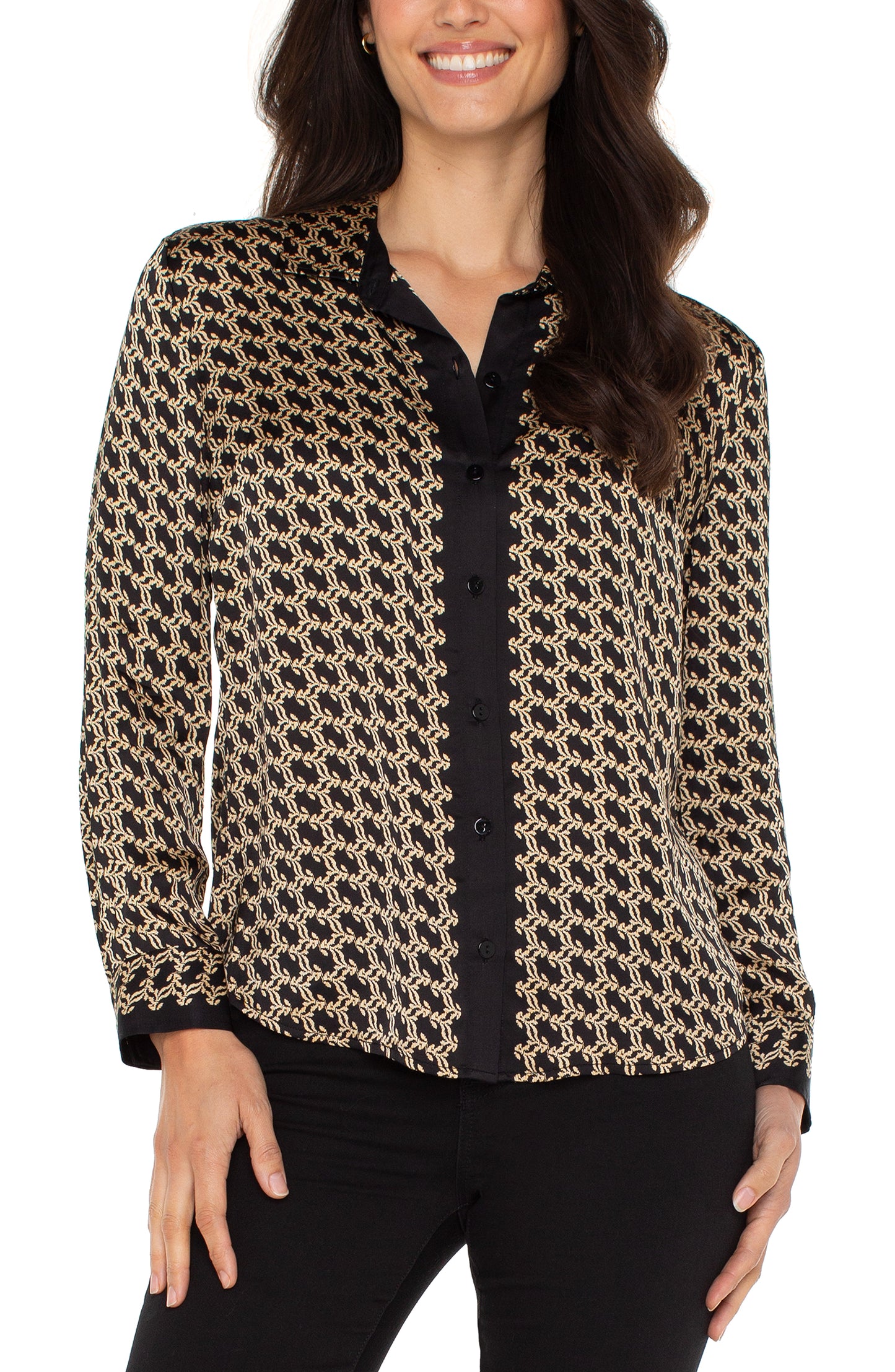 Long Sleeve Button Front Woven Shirt - Black Gold Combo - BAY WINDOW