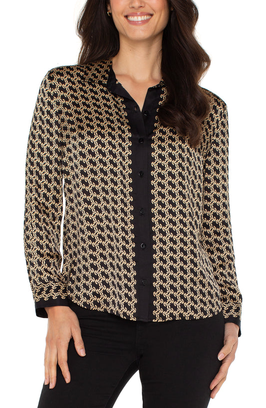 Long Sleeve Button Front Woven Shirt - Black Gold Combo - BAY WINDOW