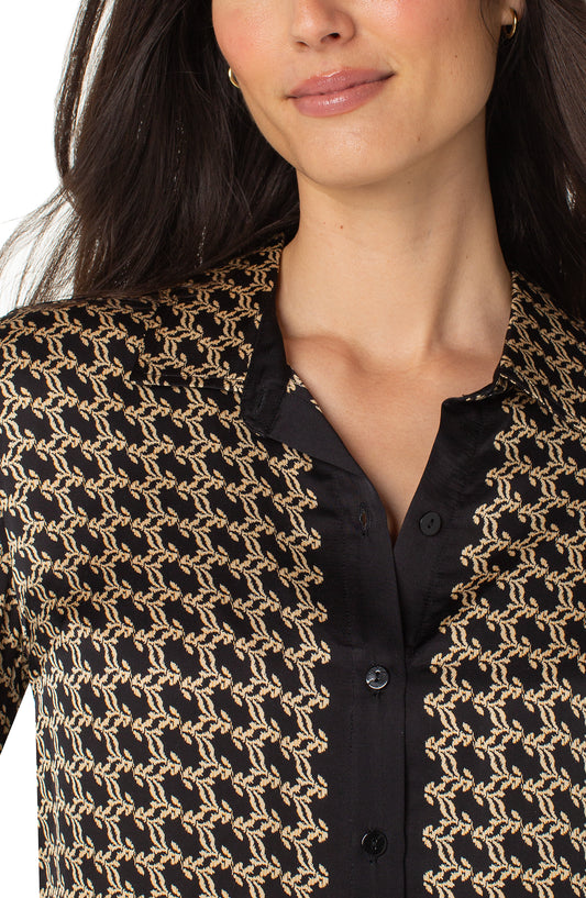 Long Sleeve Button Front Woven Shirt - Black Gold Combo - BAY WINDOW
