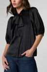 Elbow Length Puff Sleeve Button Front Woven Top - Black