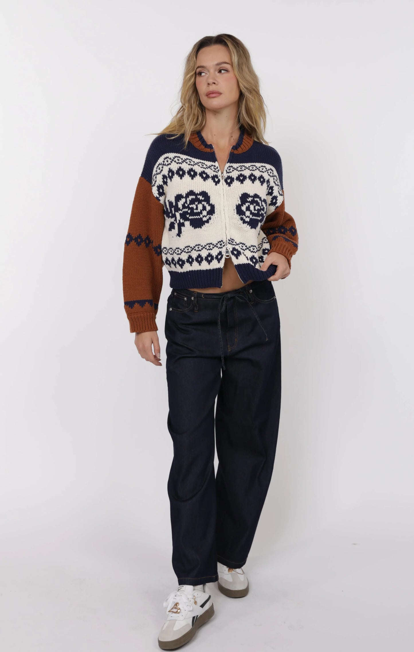 Sweet Rose Jacquard Zip Sweater Jacket - Ivory Multi