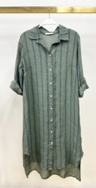 Button Down Striped Roll-Tab Sleeve Tunic Dress