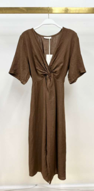 Front Twist S/S Linen Dress w/ Front Slit